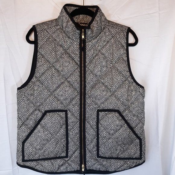 J. CREW Vest Women's L Full Zip Herringbone Print Black Tan Quilted Puffer Vest